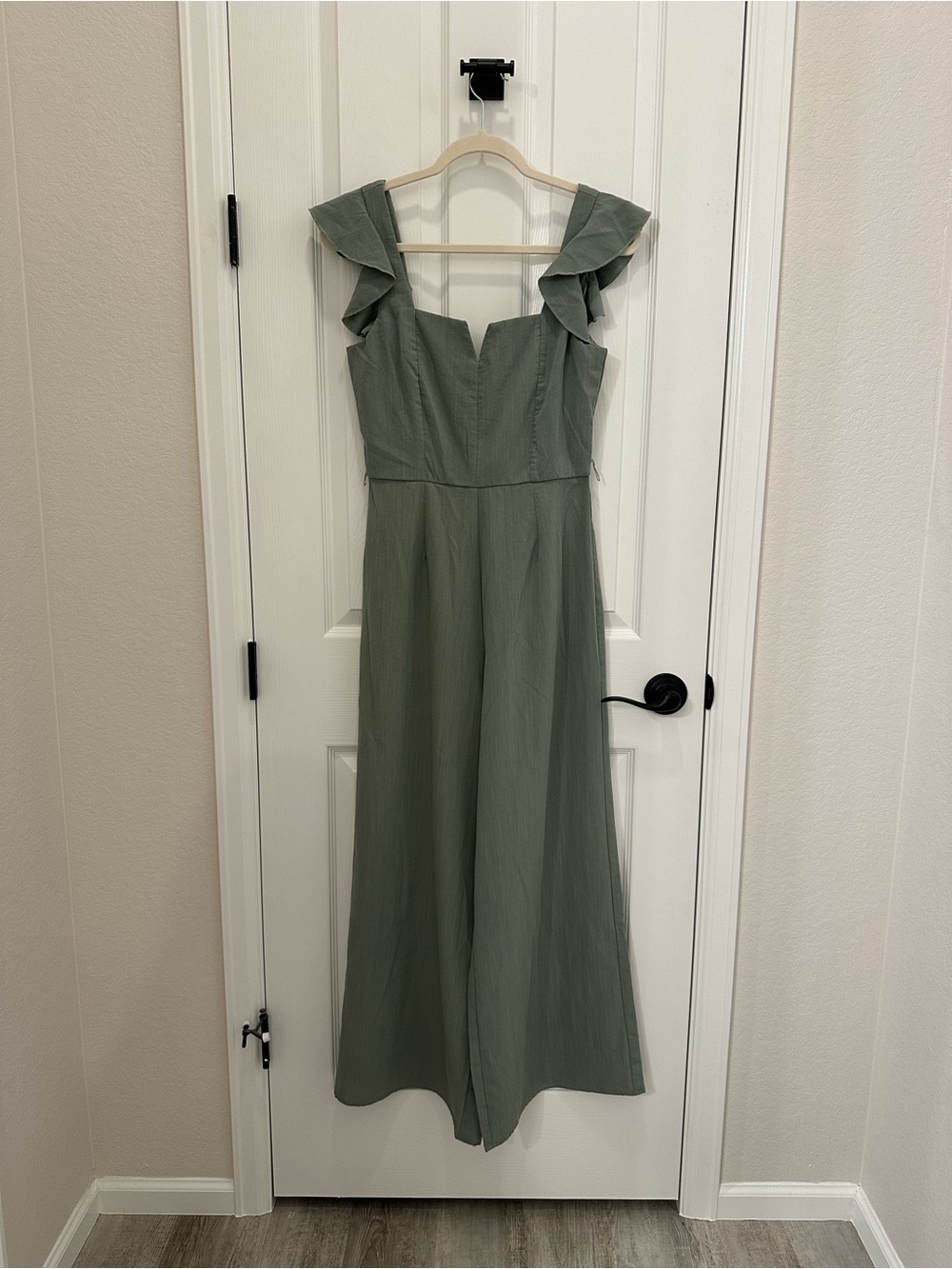 francesca’s greta sage green flutter sleeve jumpsuit